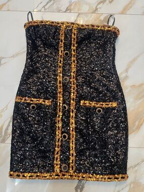 Black Sequin Strapless Mini Dress with Gold Trim